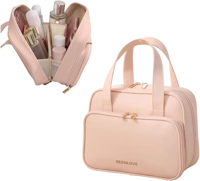 BEENLOVE Travel Makeup Bag for Women - Premium Vegan Leather Cosmetic Case - Large Portable Toiletry Organizer with Handles & Zippers - Water-Resistant Pouch