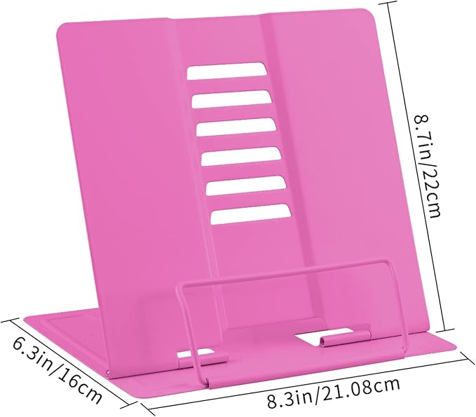 Honagu Book Stand Metal Desk Book Holder, Book Holders for Reading Hands Free, Adjustable Cookbook Documents Holder, Portable Bookstand for Music Books, Textbook, Recipe, Tablet, Ipad (Rose Red)