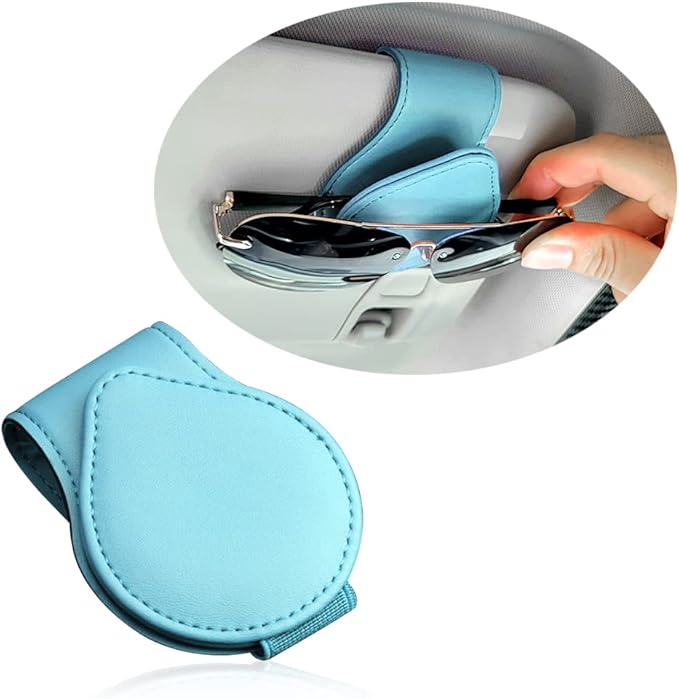 OFBAND Magnetic Sunglass Holder for Car Visor,PU Leather Car Sunglass Holder Organizes Glasses Tickets Cards & Keeps Car Tidy,Universal Car Accessories Interior (Lake Blue)