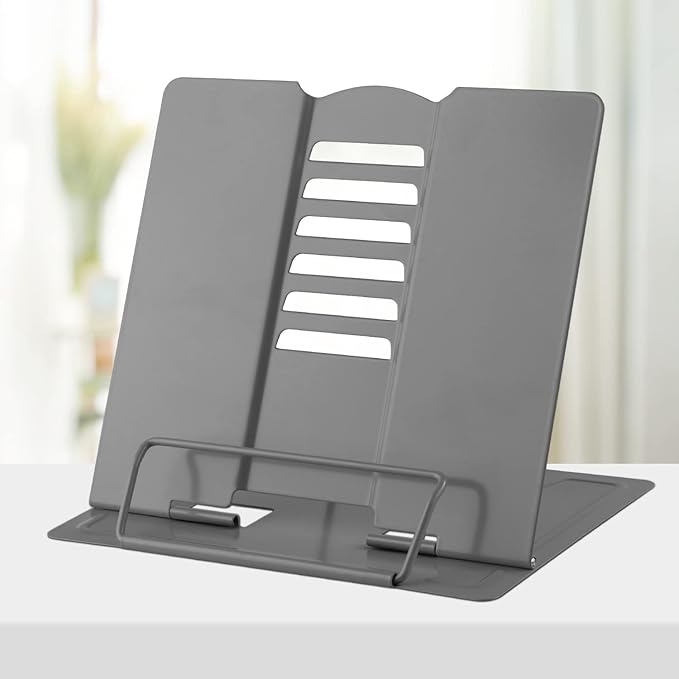 Honagu Metal Desk Book Holder, Hands Free Adjustable Cookbook & Document Holder, Portable Bookstand for Music Books, Textbooks, Recipes, Tablets & iPads (Grey)