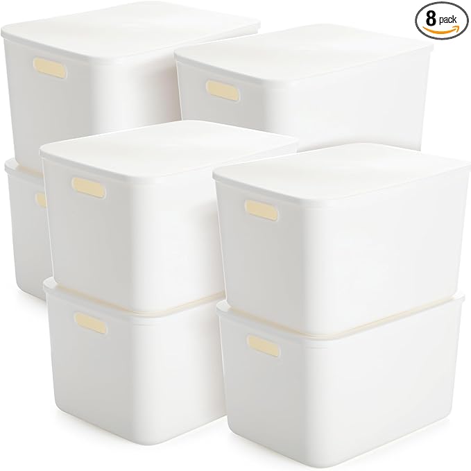 Tuanse 8 Pieces White Plastic Storage Bins with Lids, Stackable Storage baskets with Handle Containers Box for Shelves Drawers Desktop Playroom Classroom Office Organization(16 x 12 x 9.7 Inches)