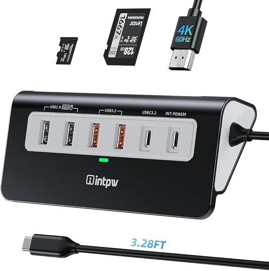 intpw USB C Hub, P9 PRO USB C Hub Multiport Adapter with 4K HDMI, PD 100W, Type-C & 2 USB A 3.2 10Gbps, 2 USB A 2.0, SD/TF Card Reader, Aluminum USB Hub for Laptop, iPhone 17 Series, MacBook, iPad