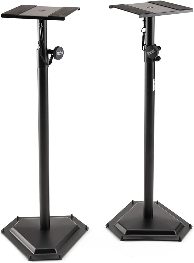 On-Stage SMS6600-P Hex-Base Monitor Stands Pair(Height-Adjustable Pedestal Studio Speaker Stands, Locking Pin, Hexagonal Base, Steel Construction, Nonslip Rubber Feet, Optional Floor Spikes, Black)