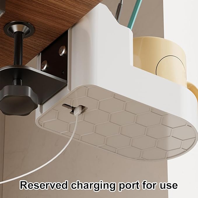 Clamp On Desktop Shelf Organizer - Under Desk Storage Tray with Cup Holder, No Drill Installation, Adjustable Shelf for Phone, Pen & Office Supplies
