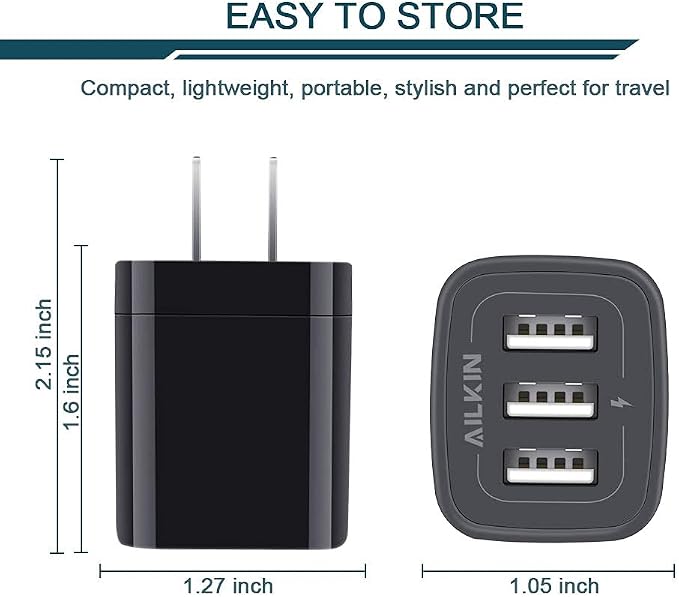 Wall Charger Plug, USB Charger Cube, AILKIN 3.1A 3-Muti Port USB Adapter | Power Plug Charging Station Box Black Base for iPhone 17 16 15 14 13 12 11 Pro Max/SE, Samsung Galaxy Phones Charge Block