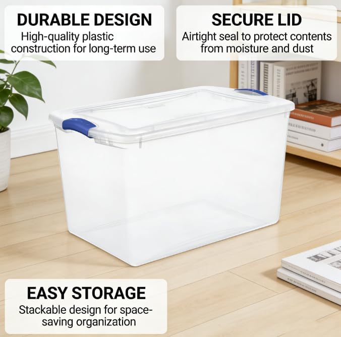 66-quart large-capacity transparent storage box with a safety lock lid, blue plastic container, sturdy and durable, minimalist style, suitable for bedroom storage.