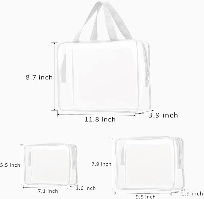 3pcs Clear Cosmetic Bags, TSA Approved Toiletry Bag Set Crystal Clear Travel Beach Essentials Bag Organization PVC, Clear Makeup Bags Luggage Pouch Carry on Airport Airline Compliant Bag Women Men