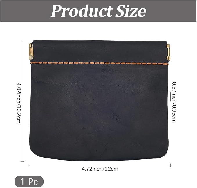 4.72 x 4.02 Inch Genuine Leather Squeeze Coin Purse Pouch Crazy Horse Leather Small Makeup Bag for Purse Snap Closure Organizer Pouch Mini Self-Closing Lipstick Pouchic for Women Men(Black)