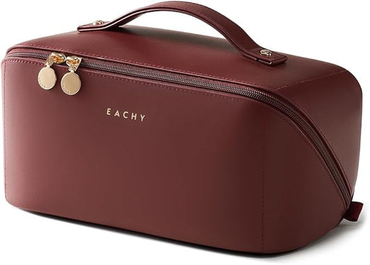 EACHY Travel Makeup Bag, Large Capacity Cosmetic Bag for Women, Waterproof PU Leather, Flat Open Portable Toiletry Bag for Skincare, Brushes & Travel Essentials