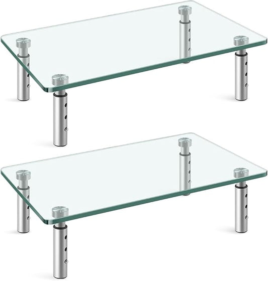WKWKER Clear Glass Desk Stand 2 Pack Computer Monitor Riser with Height Adjustable Multi Media Monitor Stand Desktop Flat for Laptop TV Computer