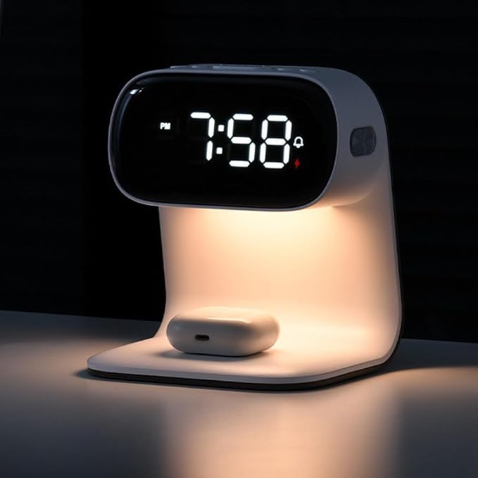 AYI 3in1 Wireless Charging Station with Alarm Clock & Night Light 15W Fast Charge for Phone & Earbuds Digital Clock with Dual Alarm 3-Level Dimmable LED Touch Lamp Large Display for Bedroom-A40