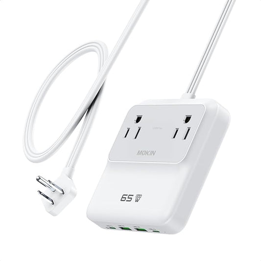 Charging Station 65W Max, 6-in-1 USBC Power Strip with Flat Plug and 5ft Thin Undetachable Extension Cord,2 AC,2 USB-A,2 USB-C,Fast Charging Desktop Charger for iPhone 17/16, MacBook, Home and Office