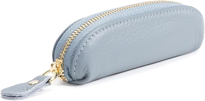 Full Grain Leather Coin Pouch - Travel Small Coin Purse with Zipper - Mini Key Pouch Change Purse for Women and Men (Powder Blue)