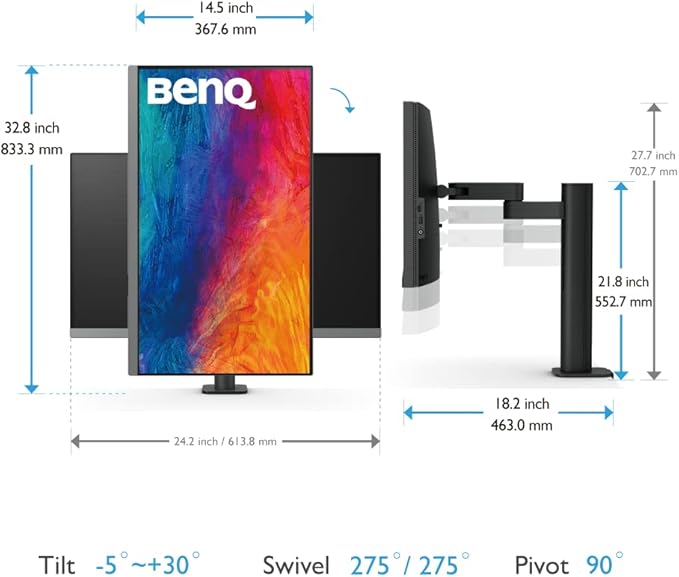 BenQ PD2706UA Ergo Arm Mac-Ready 27" 4K UHD, 95% P3, 99% Rec.709 & sRGB, IPS, Built-in Ergo Arm, ICCSync, Uniformity, Delta E??, Factory-Calibrated, AQCOLOR, Pantone, USB-Hub, USB-C (90W)