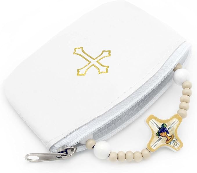 White Rosary Pouch with Zipper & Gold St. Thomas Cross Imprint | Compact Leatherette Rosary Case for Small to Medium Rosaries | Protective Travel Rosary Holder for Men & Women