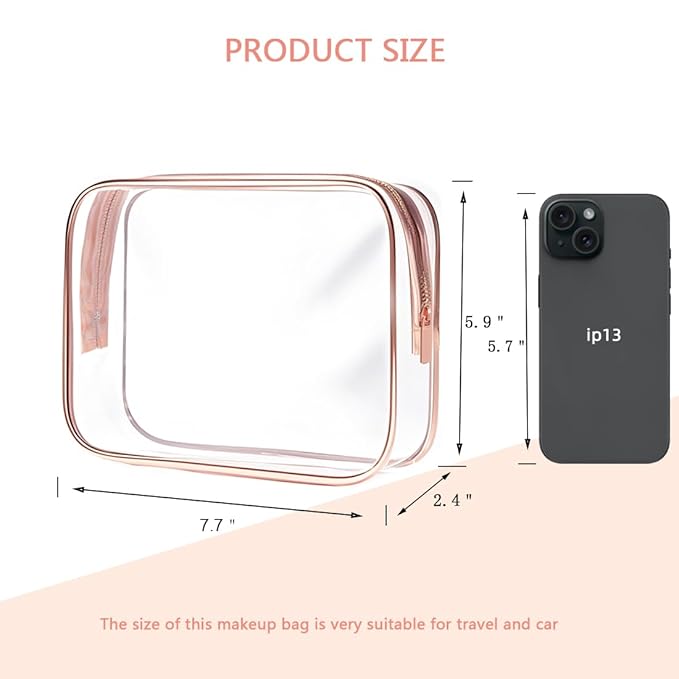 TRODANCE Clear Toiletry Bag, 3 Packs TSA Approved Water resistant Travel Organizer, Airport Airline Travel Essential Carry On Makeup Cosmetic Bags for Women, RosePink - 3 packs