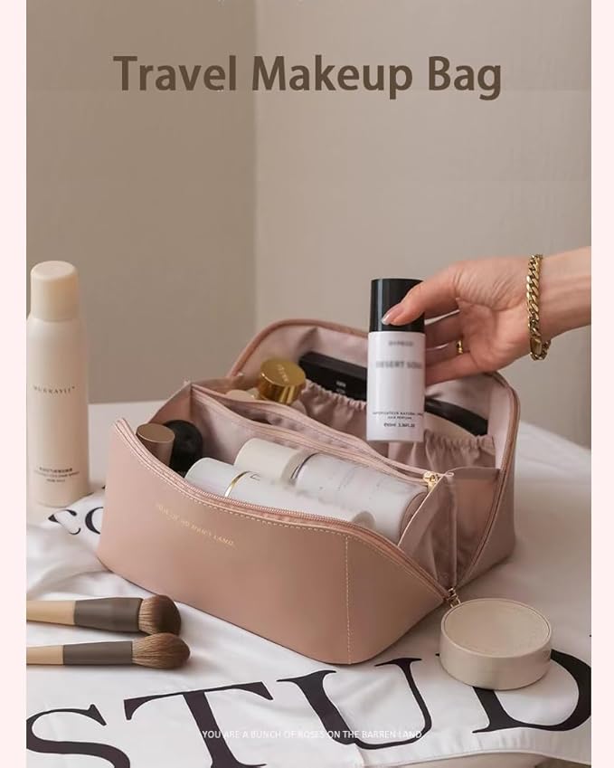Travel Makeup Bag for Women, Large Capacity PU Leather Toiletry Bag with Multiple Compartments, Waterproof Cosmetic Organizer with Handle, Portable Travel Pouch for Skincare, Rose Pink