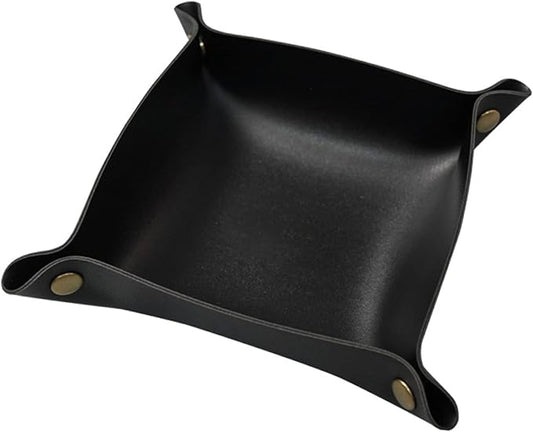 Valet Tray, Leather Tray, Small Catchall Tray, Foldable Jewelry Travel Organizer, Suitable for Travel, Storage, Nightstand, Home or Office (Black-S)