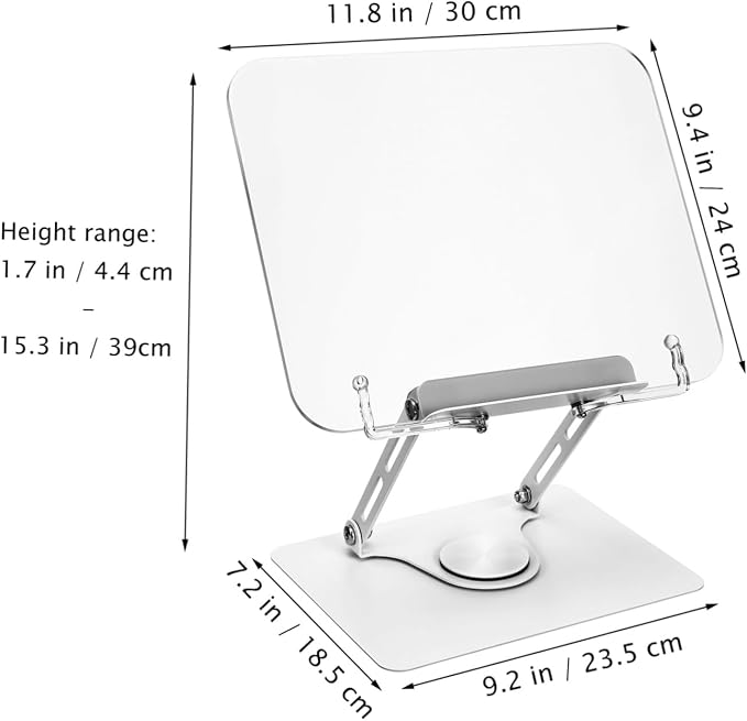 NUOBESTY Adjustable Height Clear Book Stand for Reading Rotating Desktop Holder for Textbooks Laptops and Tablets Ergonomic Design Page Clips and Construction