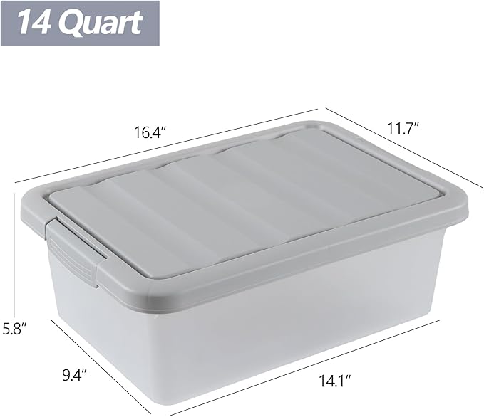 Wekioger Plastic Home Storage Bin with Grey Lid, 14 Quart Frosted Clear Latching Bin, 2 Packs