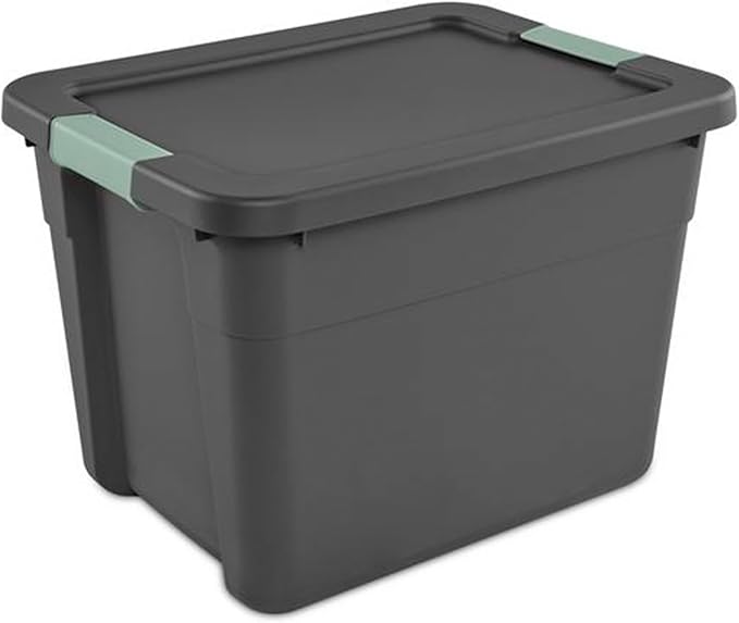 Sterilite 6-Pack Latch Tote, Stackable Plastic Storage Container Bins with Lids, 12 Gallon, Gray/Green - Latching Boxes for Bedroom, Bathroom, Garage, and Office Organization