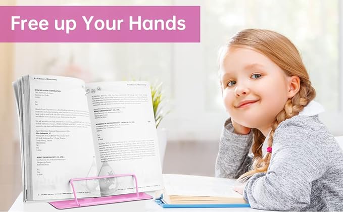 Honagu Book Stand Metal Desk Book Holder, Book Holders for Reading Hands Free, Adjustable Cookbook Documents Holder, Portable Bookstand for Music Books, Textbook, Recipe, Tablet, Ipad (Pink)