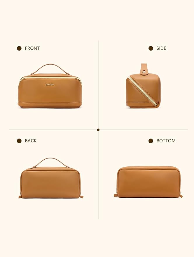 Telena Leather Make Up Bag Portable Travel Makeup Bag Waterproof Cosmetic Bags for Women Large Capacity With Handle and Divider Open Lay Flat