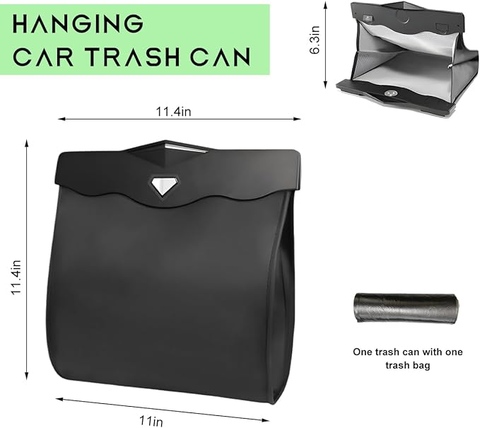 Smart LED Car Trash Can, Magnetic Leather Passenger Side Storage Pocket with Disposable Rubbish Bags, Waterproof Garbage Bag Multipurpose Hanging Container for Back Seat (Black)