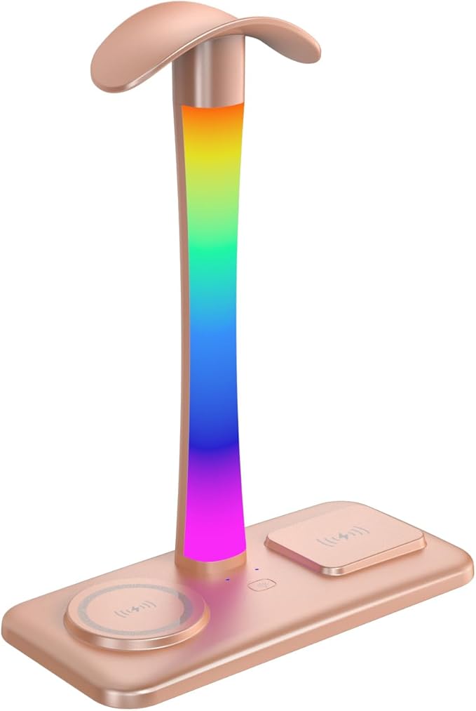 Headphone Stand with Wireless Charger,Gaming Headset stand with RGB Light Mode,For Airpod Max Stand Compatible with Airpod Pro/3/2,For iPhone 17/16/15/14/13/12/11,Gifts for Gamers & Music Lover (Gold)