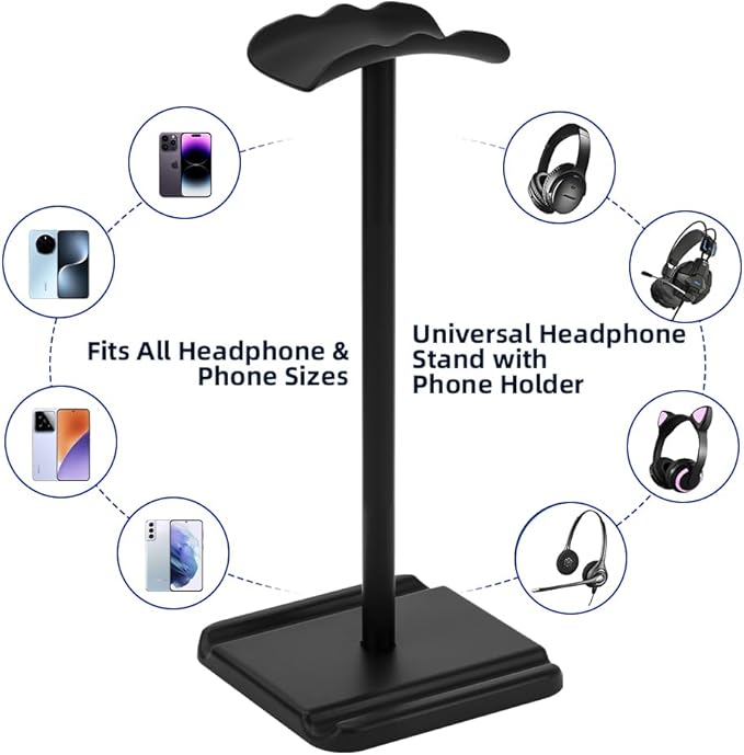 Headphone Stand, Headset Holder with Phone Holder for Desk Office Gaming, TPU-Padded Headrest, Aluminum Pole, Anti-Slip ABS Base, Universal Earphone Stand, 1 Pack Black