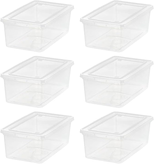 IRIS USA 6-Pack Storage Bins with Lids, 6 Quart - Crystal Clear, Shoe Boxes Stackable Containers Organize Shoes Closet Shelves, Teacher Tools Classroom Organization, Game - BPA-Free Plastic