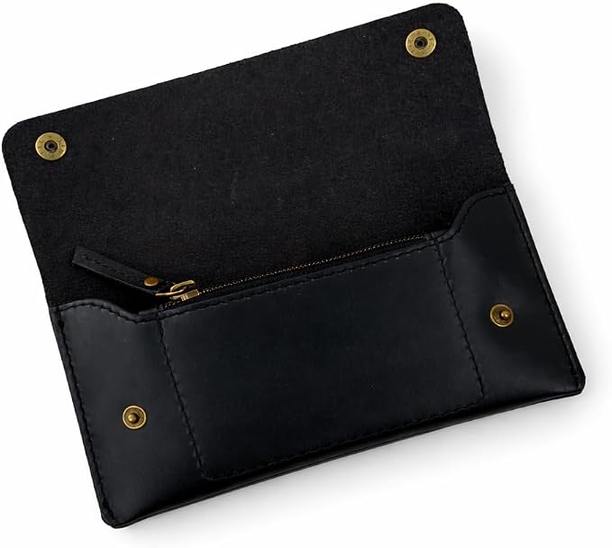 Leather Currency Pouch - Handmade Cash Organizer with Double Button Closure & Zipper Pocket, Compact Money Holder for Travel & Everyday Use, 4 x 8 Inch (Black)