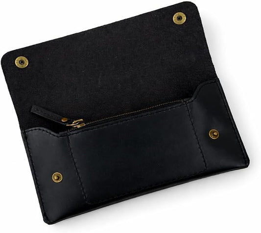Leather Currency Pouch - Handmade Cash Organizer with Double Button Closure & Zipper Pocket, Compact Money Holder for Travel & Everyday Use, 4 x 8 Inch (Black)