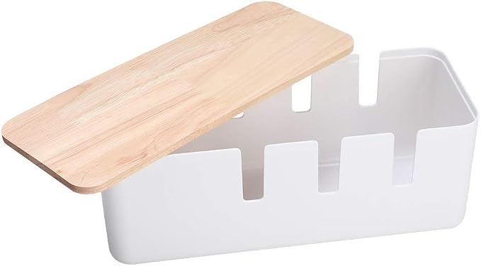 Cable Management Box Organizer with Wooden Cover, 30.3x12.5x11.5cm, for Home Office Desks, ABS Rubber Wood