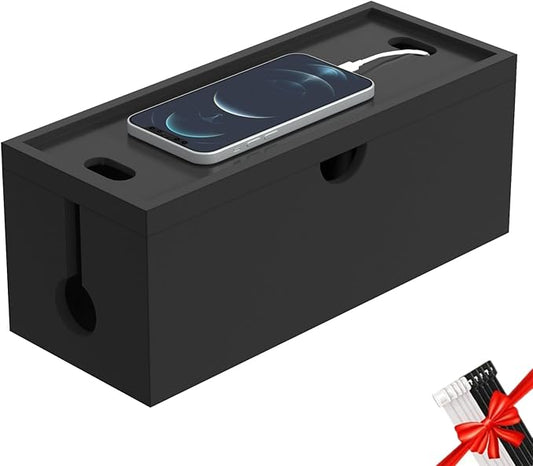 Bamboo Cable Management Box, Large Cord Organizer Box Cable Box to Hide Wires & Power Strips for Desktop Storage Cord Holder for Office Home,No Assembley Required (All Black, 1Medium)