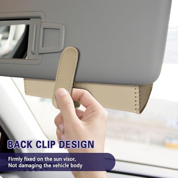 Sunglasses Holder for Car Sun Visor, Sunglass Organizer for Car, Magnetic Leather Eyeglasses Protective Storage Case, Waterproof Glasses Organizer Visor Accessories for Vehicles (Beige)