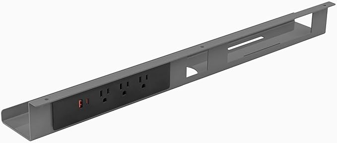 Desky Mini Cable Tray – Under Desk Wire Organizer with Mounting Screws, Compact Metal Cable Management Tray for Office Desks – Grey, 4 Plug