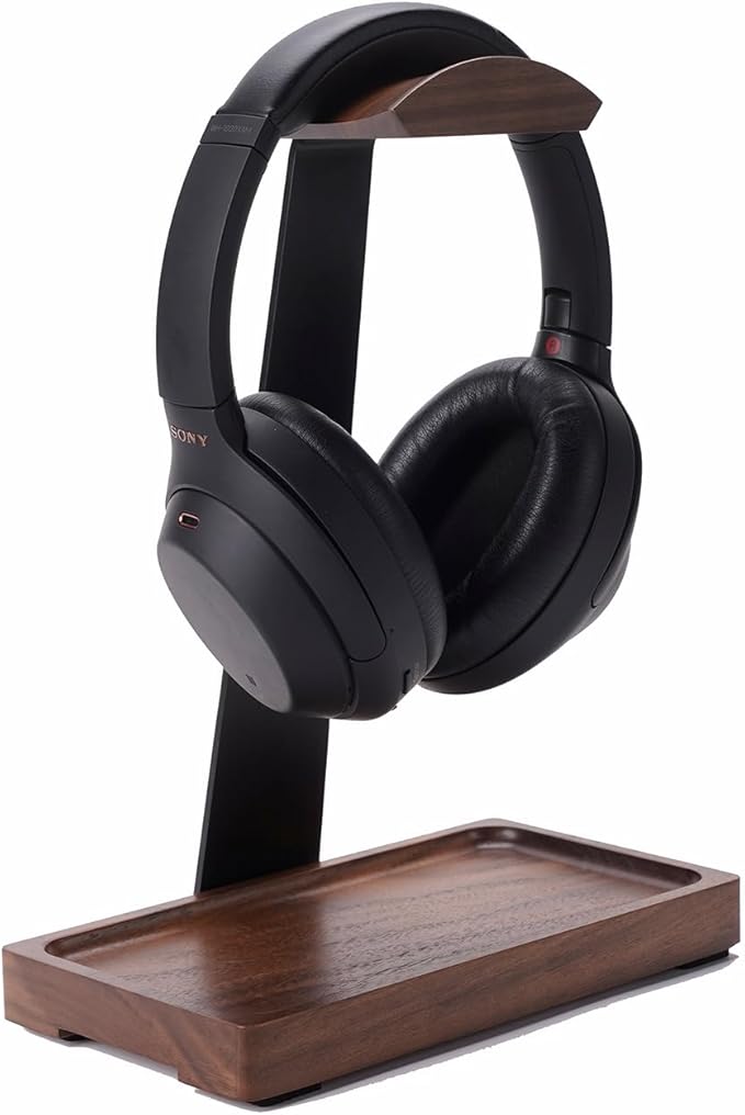 Walnut Headphone Stand, Wooden Headset Stand for Desk, Wood Gaming Headphone Holder with Storage Base for Airpod max, Bose, Razer, Sennheiser, Jabra, JBL, AKG, Vintage Gift for Men, Black