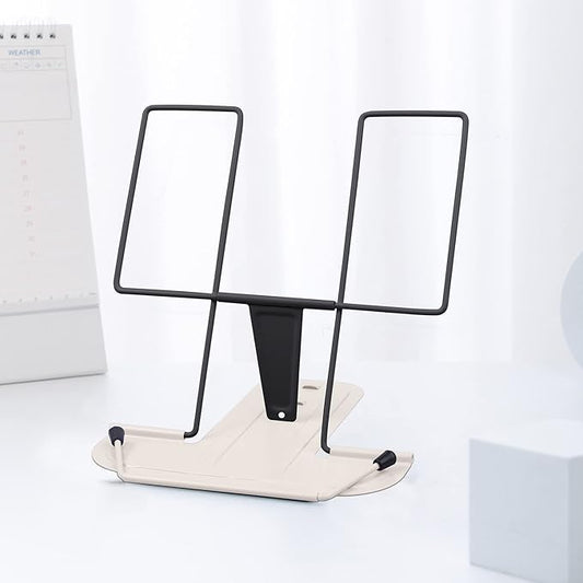 MSDADA Metal Book Stand for Desk, Adjustable Reading Rest Book Holder, Portable Cookbook Documents Holder, Sturdy Typing Stand for Recipes Textbooks Tablet Music Books(Black+Milky White)