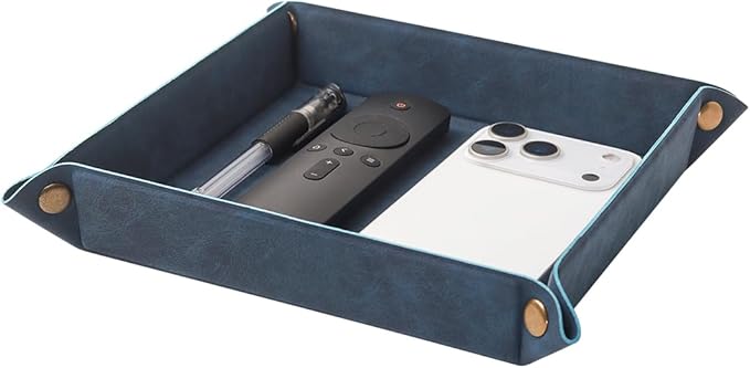 Valet Tray Desktop Storage Organizer – Premium PU Leather Catchall Bedside Vanity Tray Nightstand Caddy Holder for Remote Controller, Keys, Phone, Wallet, Coin, Jewelry,Blue