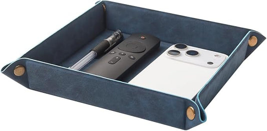 Valet Tray Desktop Storage Organizer – Premium PU Leather Catchall Bedside Vanity Tray Nightstand Caddy Holder for Remote Controller, Keys, Phone, Wallet, Coin, Jewelry,Blue