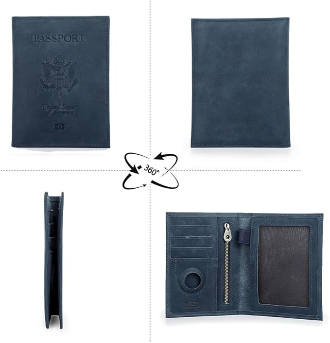 CONTACTS Full Grain Leather Passport Holder RFID Blocking Travel Passport Wallet Compatible with Airtag Passport Cover Case with 4 Card Slots, Coin Pocket (US Passport Stamp, Blue)
