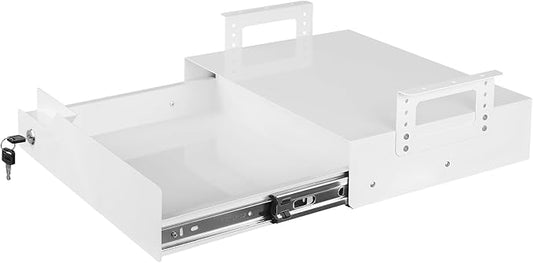 Under Desk Drawer Storage with Lock, Metal Undermount Table Drawer, Ball Bearing Slides Out Tray Organizer for Paper, Pencil, and Laptop 17.3"x11.8"x5.4", White with Adjustable Brackets
