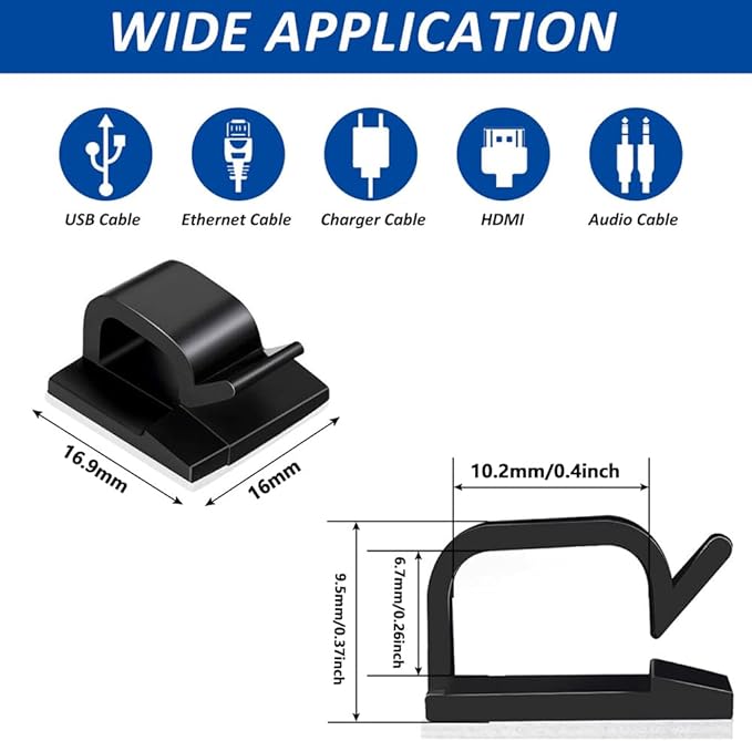 150 PCS Adhesive Cable Wire Clips Black, Outdoor Cable Management Wire Organizer Cord Holder for Under Desk, Car, Wall, TV PC Ethernet Cable (Black)