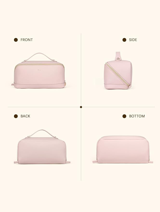Telena Leather Make Up Bag Portable Travel Makeup Bag Waterproof Cosmetic Bags for Women Large Capacity With Handle and Divider Open Lay Flat Pink