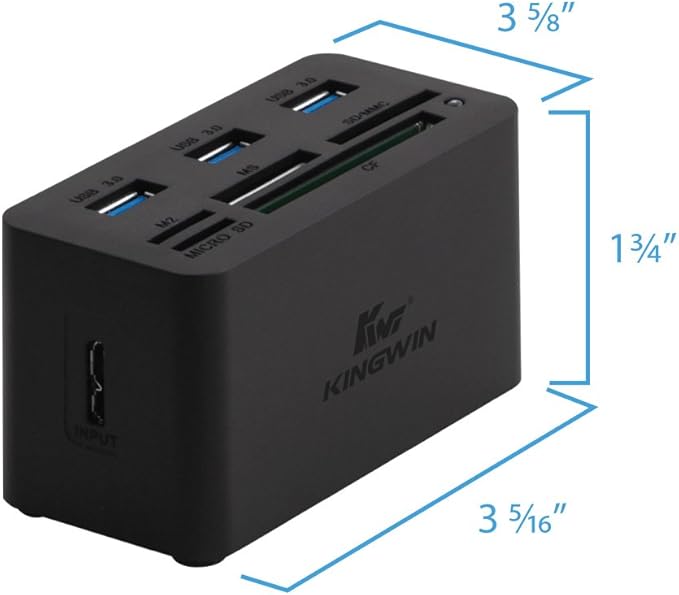 Kingwin USB HUB Adapter w/ Memory Card Reader Writer & USB 3.0 HUB Combo - Supports High Speed SD MS Micro M2 CF Card Reader For Macbook, Laptop, Desktop - Includes USB Cable 5 Gbps Speed, Black