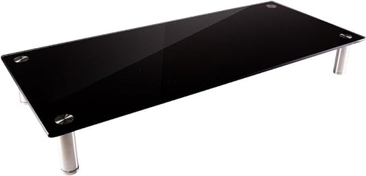 Monoprice Medium Multimedia Desktop Stand, Black Glass (27.6" x 12.2" x 3") - Stand & Riser, Laptop Stand, Desktop TV Stand, Dual Monitors w/ Height Adjustable Legs - Workstream Collection (116360), 25.6" x 11.0"