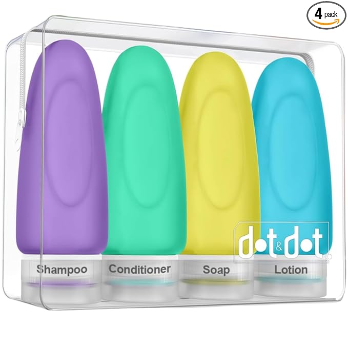 Dot&Dot Leak Proof Travel Bottles - Tubes for Liquid TSA Approved 3oz Silicone Toiletries Travel Shampoo & Conditioner Containers with Labels