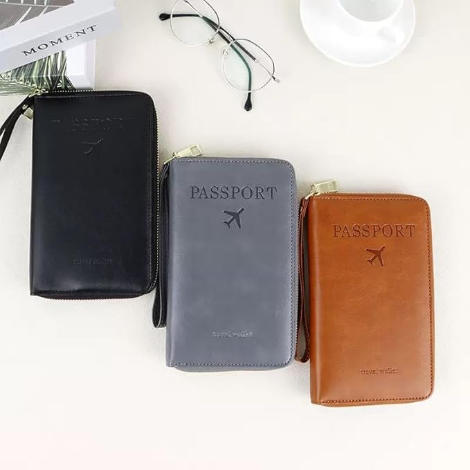 Multi-Functional RFID Passport Wallet,Travel Wallet for Men & Women,With zipper, anti-theft passport holder，Slim Leather Cover for Credit Cards, Tickets, Cash (Grey)