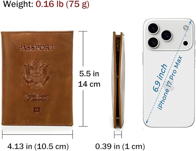 CONTACTS Full Grain Leather Passport Holder RFID Blocking Travel Passport Wallet Compatible with Airtag for Men and Women Passport Cover Case with 4 Cards Slots, Coin Pocket (Badge, Camel Brown)